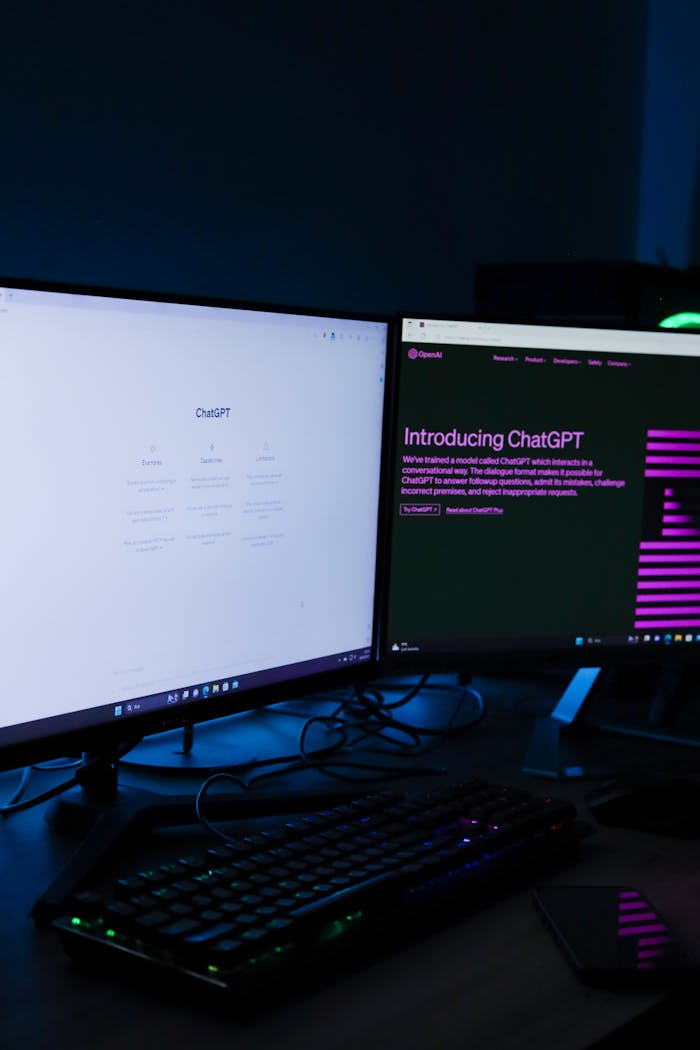 Vertical shot of a dual monitor setup with ChatGPT on screens, ideal for technology and AI concepts.